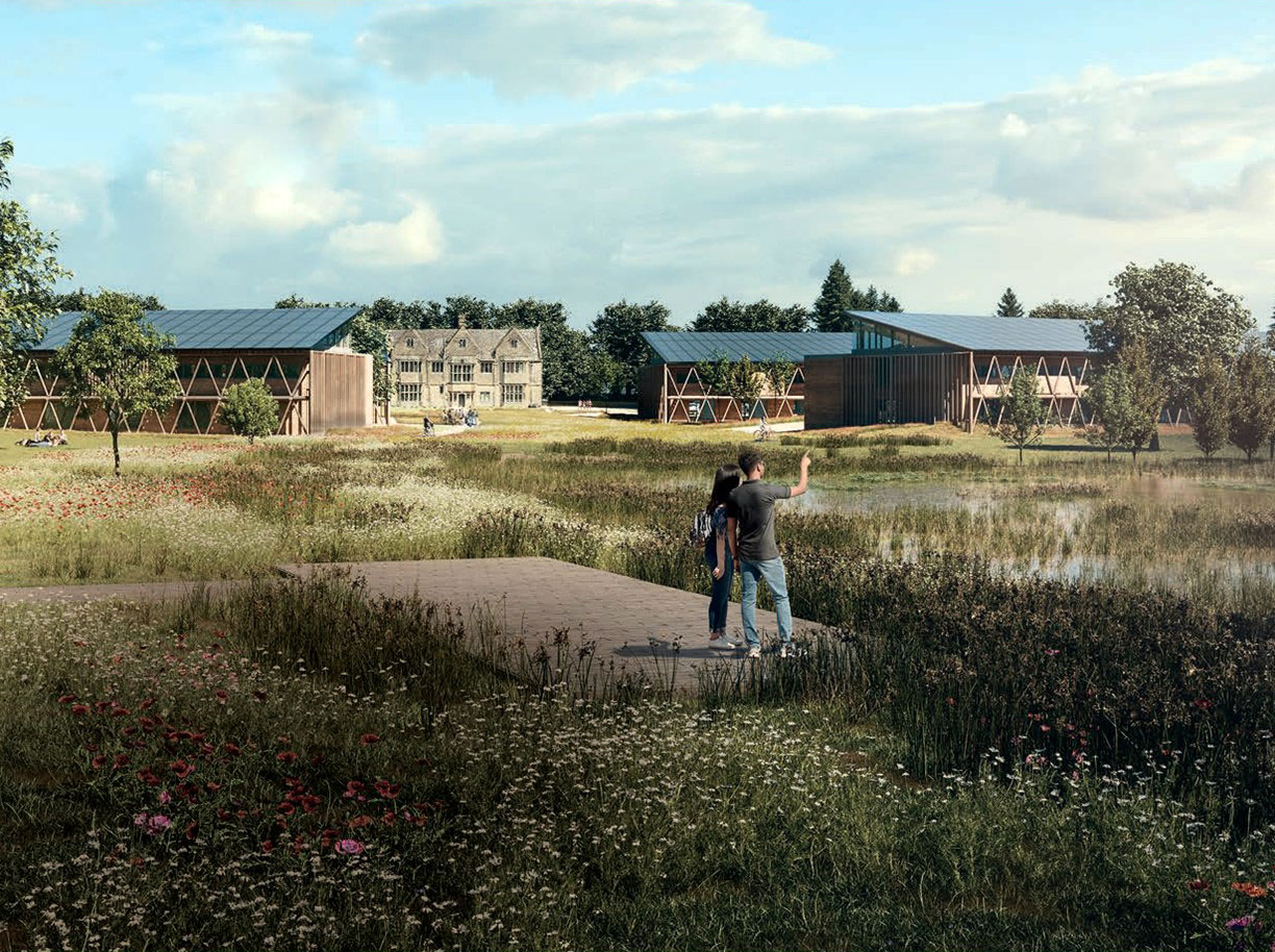 artists impression of innovation village buildings and wildflowers