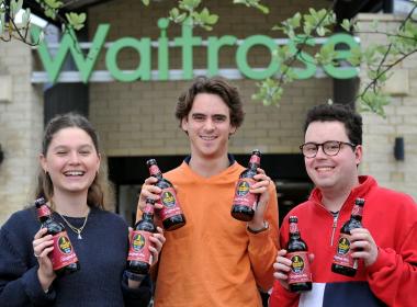 Student members of the Muddy Wellies social enterprise group (left to right) at Waitrose in Cirencester: Amelia Bailey, Charles de Fierlant Dormer and Ben Middlewood.