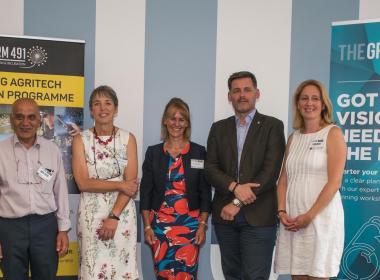 Ali Hadavizadeh (Farm491 Programme Manager), Professor Joanna Price (Vice-Chancellor of the RAU), Minette Batters (NFU President), David Owen (CEO of GFirst LEP) and Yesim Nicholson (Growth Hub Manager)